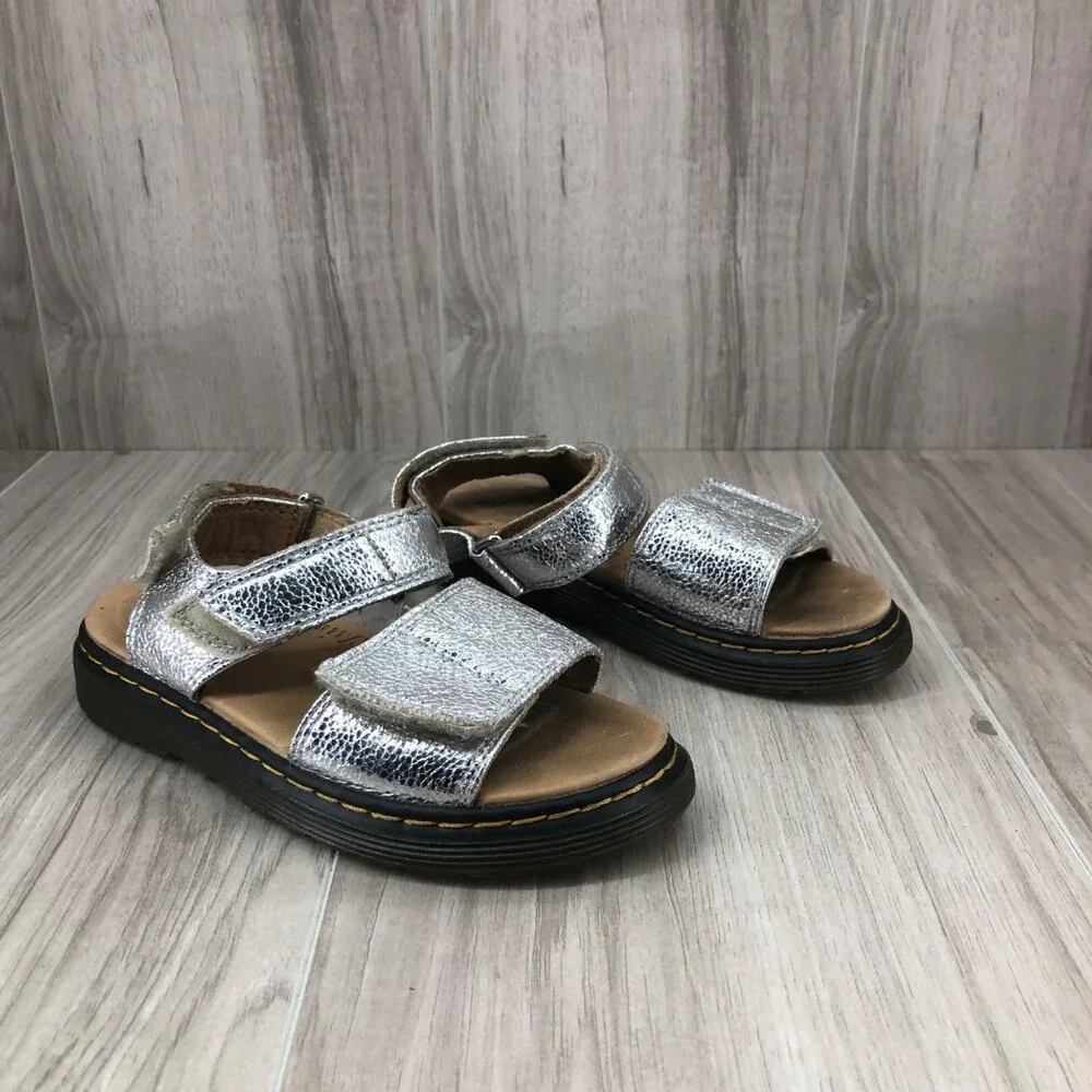 Dr Martens Sandals Kids 13 Romi J Silver Crinkle Metallic Leather Hook and Loop
